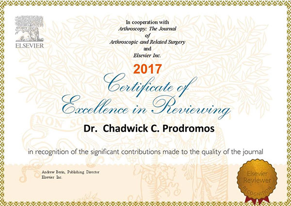 Awarded a certificate for excellence in reviewing for the Arthroscopy Journal